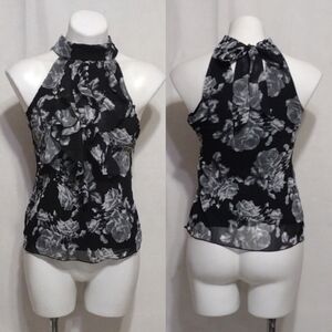 Iz Byer Black Gray Floral Halter Top Ruffle Keyhole Back XS Date Night Casual